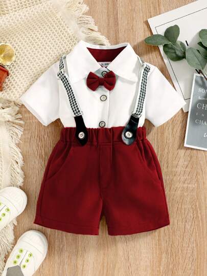 2pcs/Set Baby Boy Button-Front Short Sleeve Top And Bib Shorts Outfit