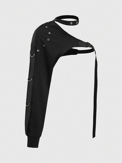 Grunge Punk Parte superior con gárgola y detalle de ojales, cuello asimétrico, una manga, cinturón liguero, para la escuela