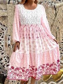 SHEIN Clasi 大尺碼花卉印花燈籠袖荷葉邊鬆緊裙洋裝 - 淺粉色 - 查看 5