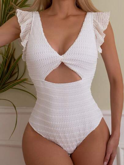 SHEIN Swim 纯色纹理扭结镂空荷叶边连体泳衣夏季