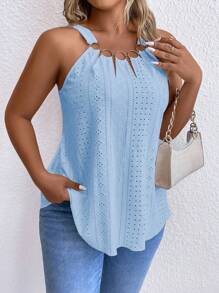 SHEIN LUNE Plus Size Hollow Out & Embroidery Circle Design Detail Tank Top - Baby Blue - View 1