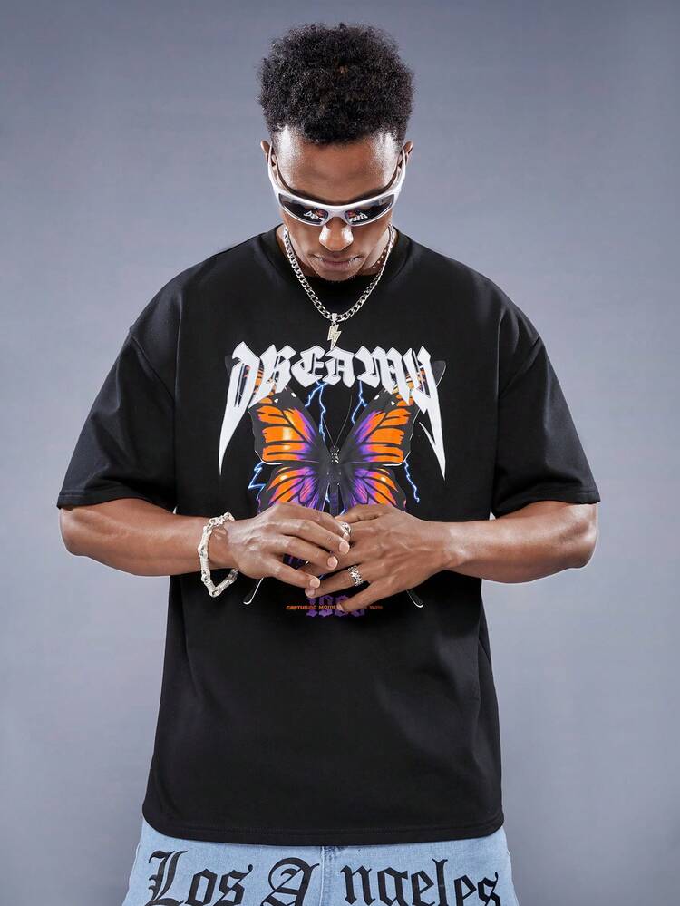 Men's Loose Fit Short Sleeve Knit T-Shirt With Letter & Butterfly Print
