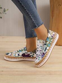 Của phụ nữ Đúng mốt Chóp giầy tròn Kích thước Lớn In hoa Lace-up Khối màu Thoải mái Giày đế bằng - Màu tím - Xem 4