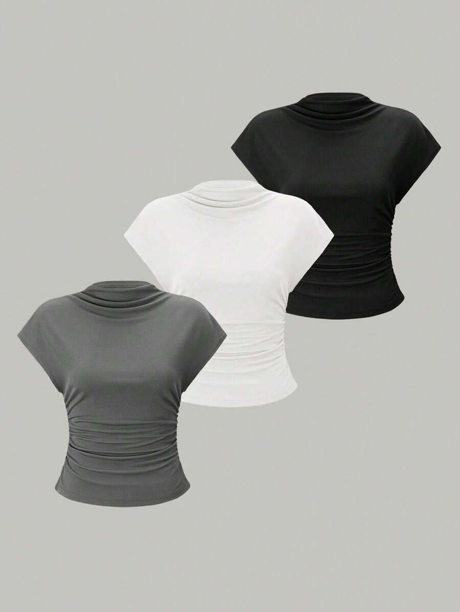 SHEIN LUNE 3pcs Solid Color Pleated Stand Collar Batwing Sleeve T-Shirt Set - Multicolor - View 1