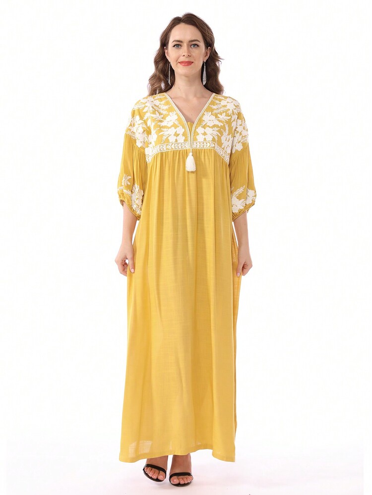 فستان نسائي إماراتي أنيق مطرز بالورود، جلابية تقلي...