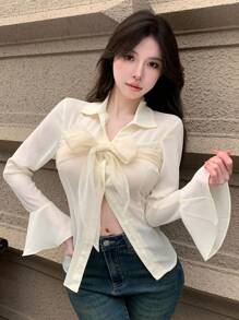 DAZY Bowknot Decorated Flare Sleeve Shirt,Ruffle - White - View 4