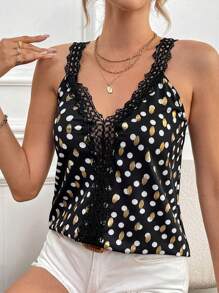 SHEIN Frenchy Women's Polka Dot Printed Lace Trim Camisole, Spliced Clashing Hollow Out Lace Lace, Summer Women's Clothing, Glitter Tops, Stamped Polka Dot Patterns, Black Lace Tops, Flutter Tank Top, Spring Break Women's Clothing, Casual Vacation Everyday - Multicolor - View 5