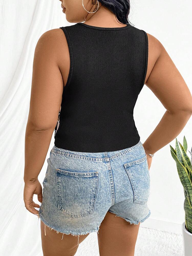 Plus Size Ribbed Knit Top With Circular Detailing And Slim Fit
