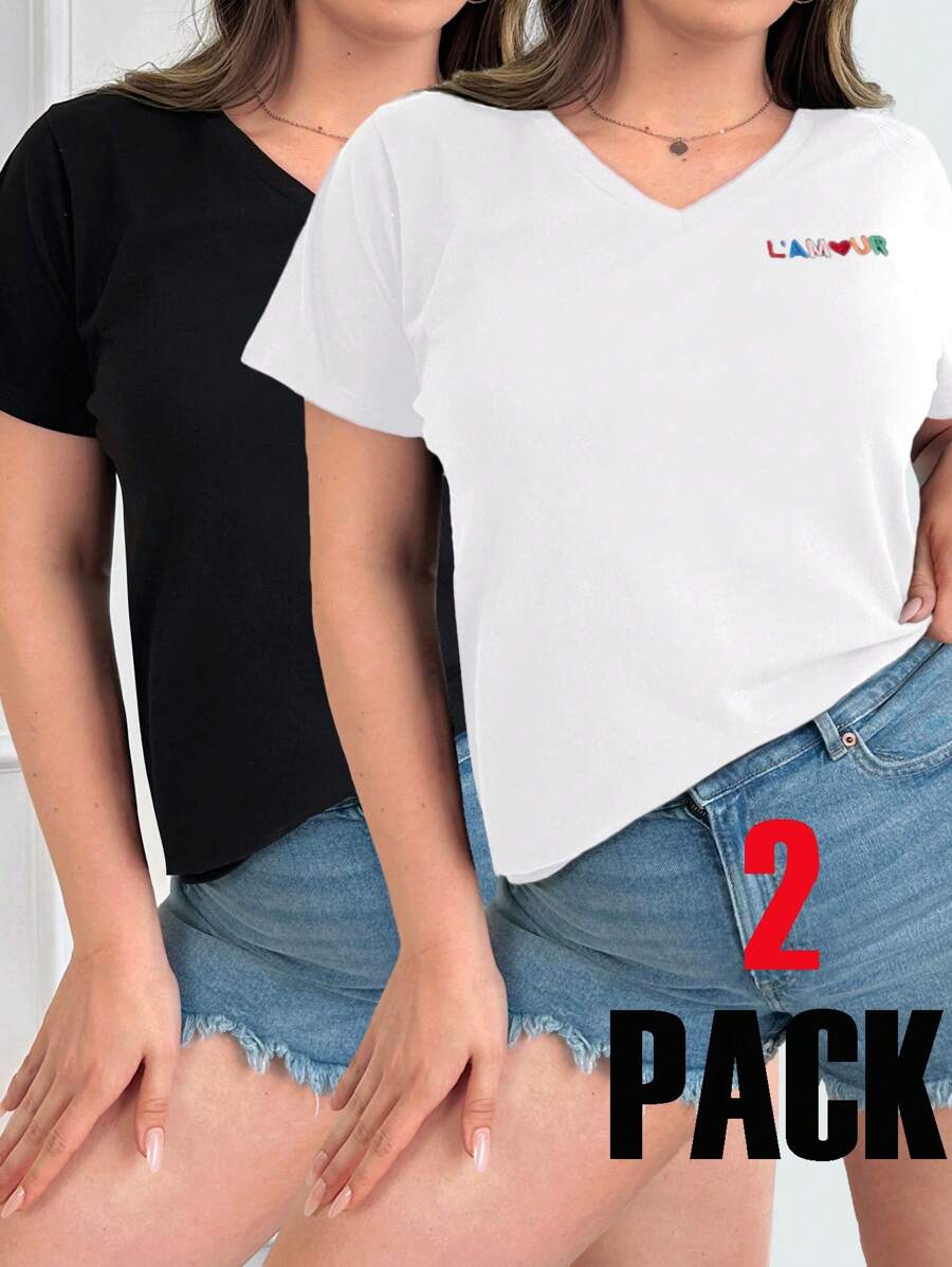 SHEIN Cottnline 女款加大碼字母印花v領休閒t卹,黑白2入組 - 彩色 - 查看 1