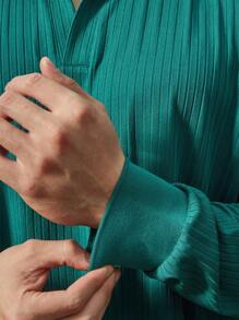 Manfinity Homme Men's Plus Size Solid Color Pique Striped Long Sleeve Polo Shirt - Dark Green - View 3