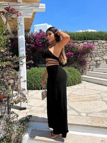 SHEIN SXY Solid Color Pleated Crop Top With Wide Leg Pants - Black - View 5