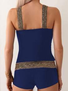 Swim Lushoire Summer Beach Spliced Braided Wide Strap Tankini Set - Navy Blue - View 2