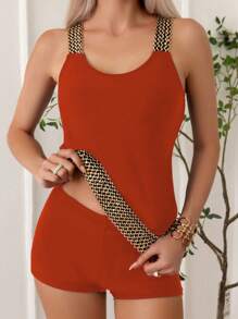 Swim Lushoire Patchwork Weave Strap Tankini Set Summer - Rust Brown - View 3