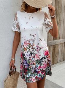 EMERY ROSE Blume Muster Mesh Kleid Mit Kurzen Ärmeln Für Damen