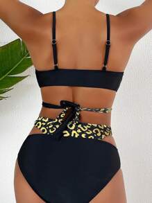 SHEIN Swim Leopard Print Hollow Out Splice Two-Piece Bikini Set Summer Beach - Multicolor - View 2