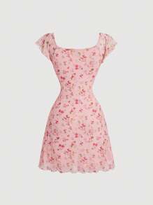 SHEIN MOD 全印花圖案荷葉邊袖口打結前扣連身裙