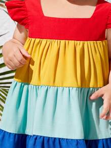 SHEIN Baby Girl Rainbow Color Block Short Sleeve Flying Dress For Summer Holiday - Multicolor - View 5