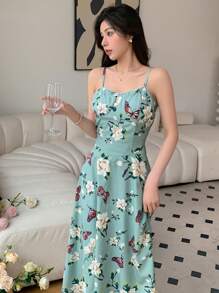 DAZY 女士花蝴蝶印花背心連衣裙 - 綠色 - 查看 3