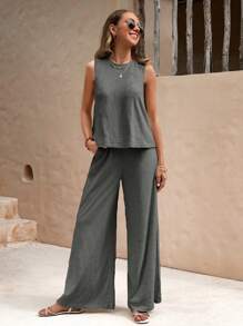 SHEIN LUNE Solid Color Casual Vest And Loose Wide Leg Pants