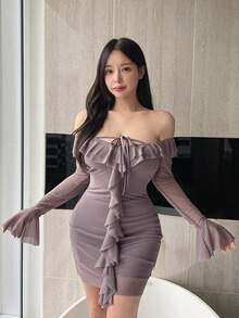 DAZY 荷葉邊修飾女裝洋裝 - 灰色 - 查看 4