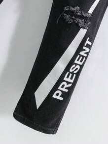 Young Boy's Fashionable Casual Hole & Printed Design Jeans