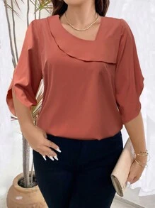 Plus Size Women's Plain Asymmetrical Collar Short Sleeve Blouse