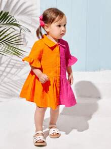 SHEIN Zomervakantie voor babymeisjes met colorblock-jurk met ruches aan de zoom en uitlopende mouwen