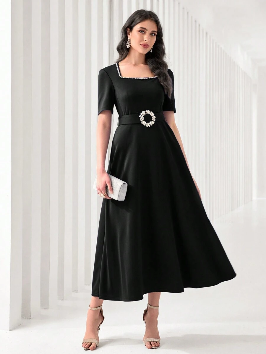 Modelyn Jewel Embellished Square Neck A-Line Dress - Black - View 1