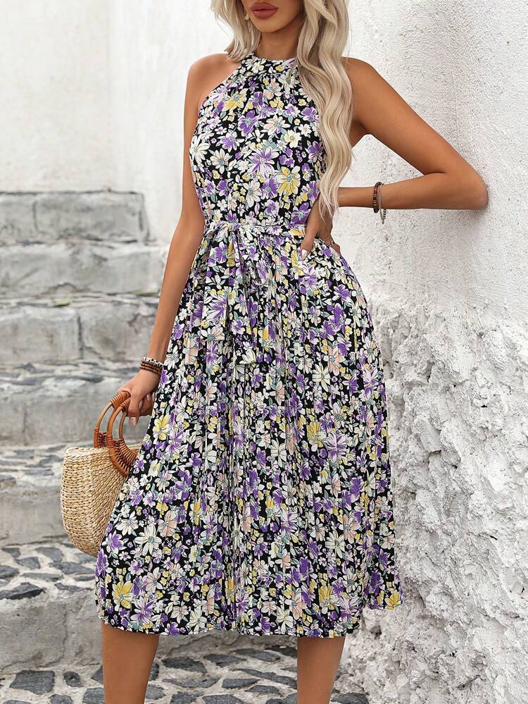 Women's Floral Print Halterneck Sleeveless Dress