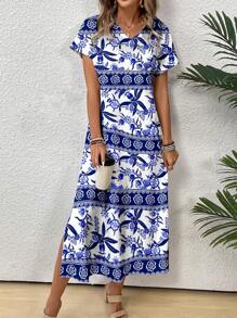 SHEIN VCAY Women's Floral Printed V-Neck Batwing Sleeve Dress