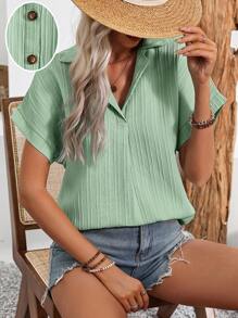 SHEIN LUNE Buttoned Back Short Front Long Loose-Fit Shirt With Stripes And Waves Print, Batwing Sleeves - Green - View 1