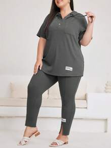 Mulvari Plus Size Hooded Short Sleeve Top With Letter Patch And Split Pants With Drawstring