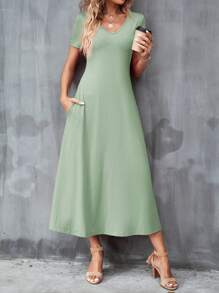 SHEIN Clasi Women's Simple Solid Color V-Neck Short Sleeve Dress With Pockets - Mint Green - View 1