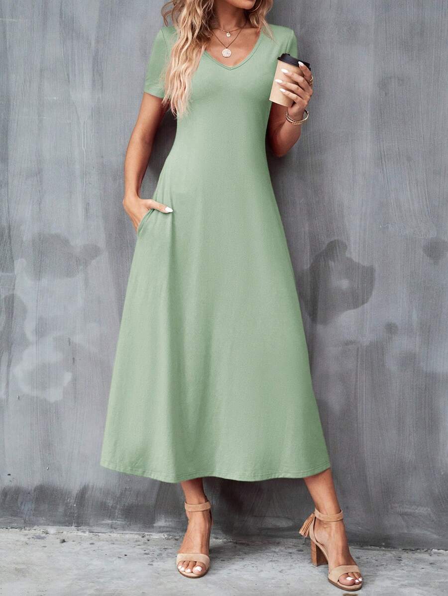 SHEIN Clasi Women's Simple Solid Color V-Neck Short Sleeve Dress With Pockets - Mint Green - View 1