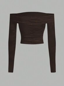 SHEIN x Carly Lawrence SHEIN BAE Sexy See-Through Lace Splicing Off Shoulder Long Sleeve T-Shirt For Romantic Valentine's Day Date,Ladies Sexy Ruched,Sheer Regular Sleeve Off The Shoulder Slim Fit Coffee Brown Plain Women Tops,Spring/Fall,Casual Daily Wear