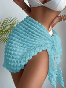 SHEIN Swim Ladies' Solid Color Textured Tie Front Wrap Cover Up Shirt, For Vacation, Summer Beach - Baby Blue - View 3