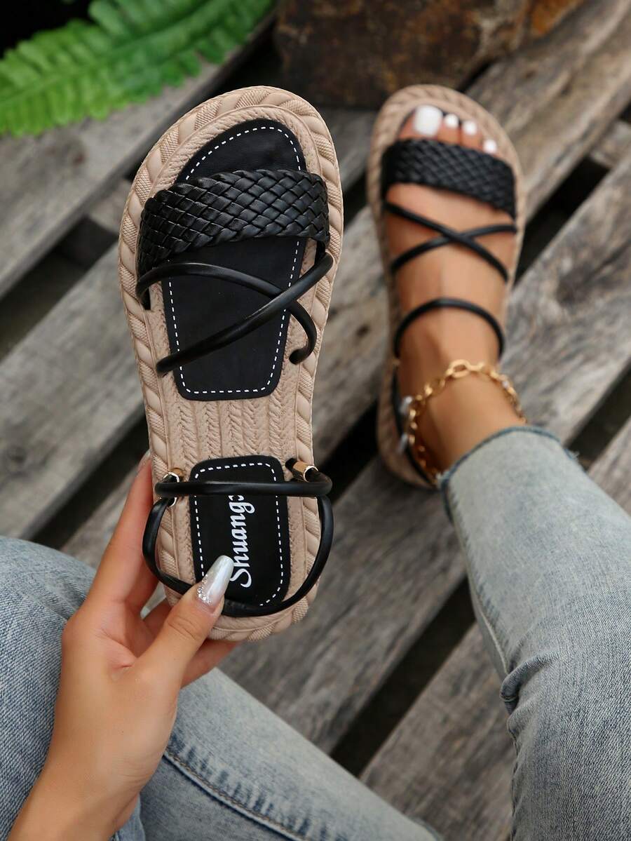 Đen Mùa hè & Mùa Thu Dép đấu sĩ phẳng Đối với phụ nữ , Đúng mốt bờ biển Hoặc Biển Bên - màu đen - Xem 1