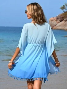 SHEIN VCAY Camisa Larga De Mujer Con Flecos De Cinturón Tejido Para Primavera / Verano, Super Suelta Con Parche Y Volantes Para Vacaciones - Azul - Ver 2