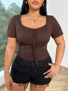 Flirla Kích thước lớn Của phụ nữ Người yêu Đường viền cổ áo Mặt trước Thắt Ngắn tay Áo thun - Cà phê nâu - Xem 1