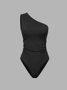 SHEIN Essnce Của phụ nữ Màu thuần Một bờ vai Không tay Áo liền quần chặt - màu đen - Xem 1