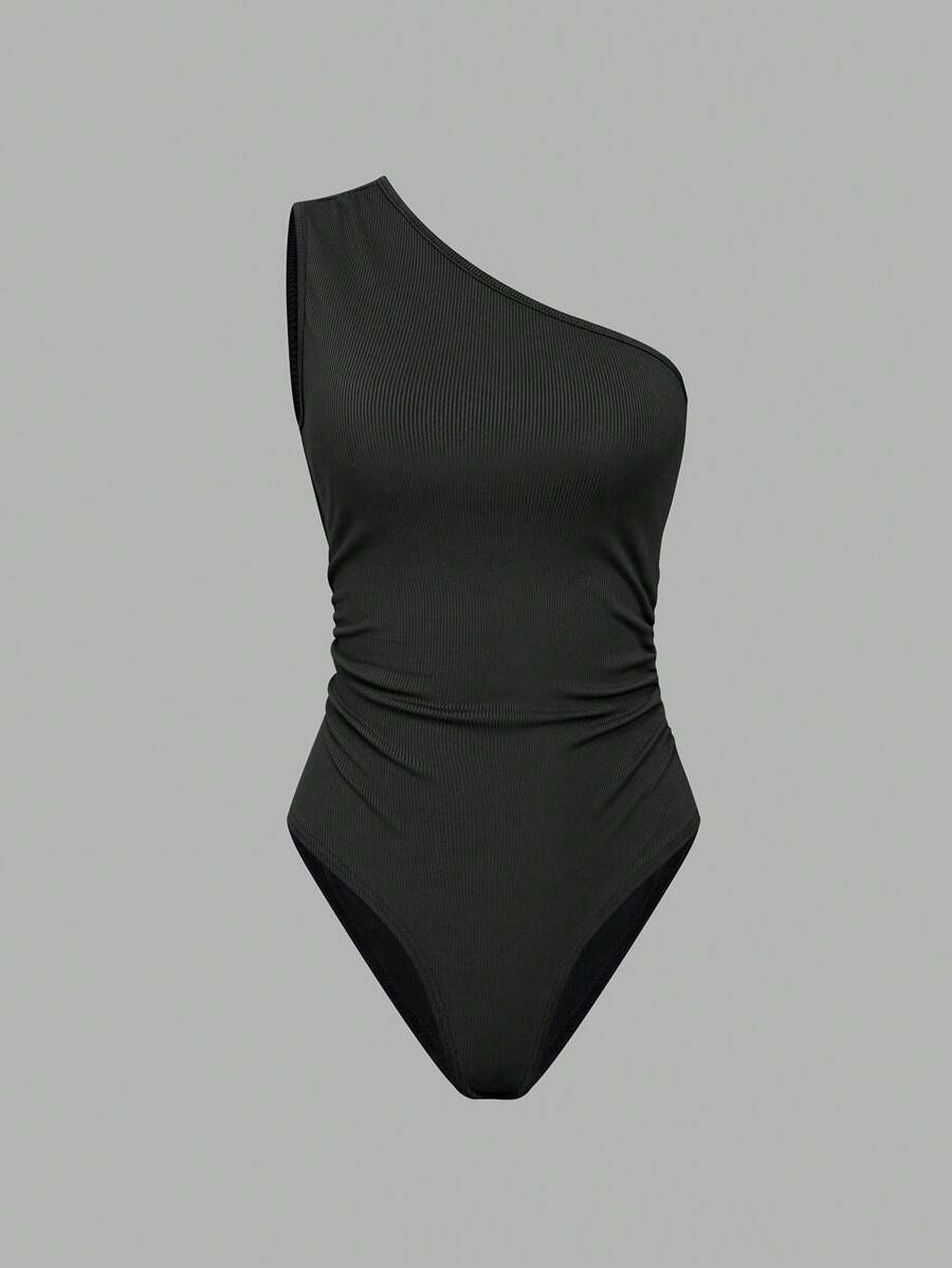 SHEIN Essnce Của phụ nữ Màu thuần Một bờ vai Không tay Áo liền quần chặt - màu đen - Xem 1