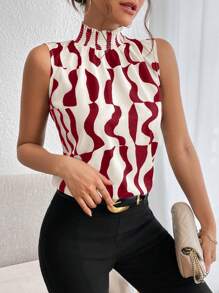 SHEIN Privé Camisa sin mangas con cuello alto estampada al azar para mujeres, blusas sin mangas - Rojo y blanco - Ver 5