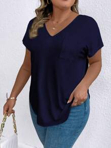 EMERY ROSE Plus Size Women's Batwing Sleeve Pocket T-Shirt - Navy Blue - View 1