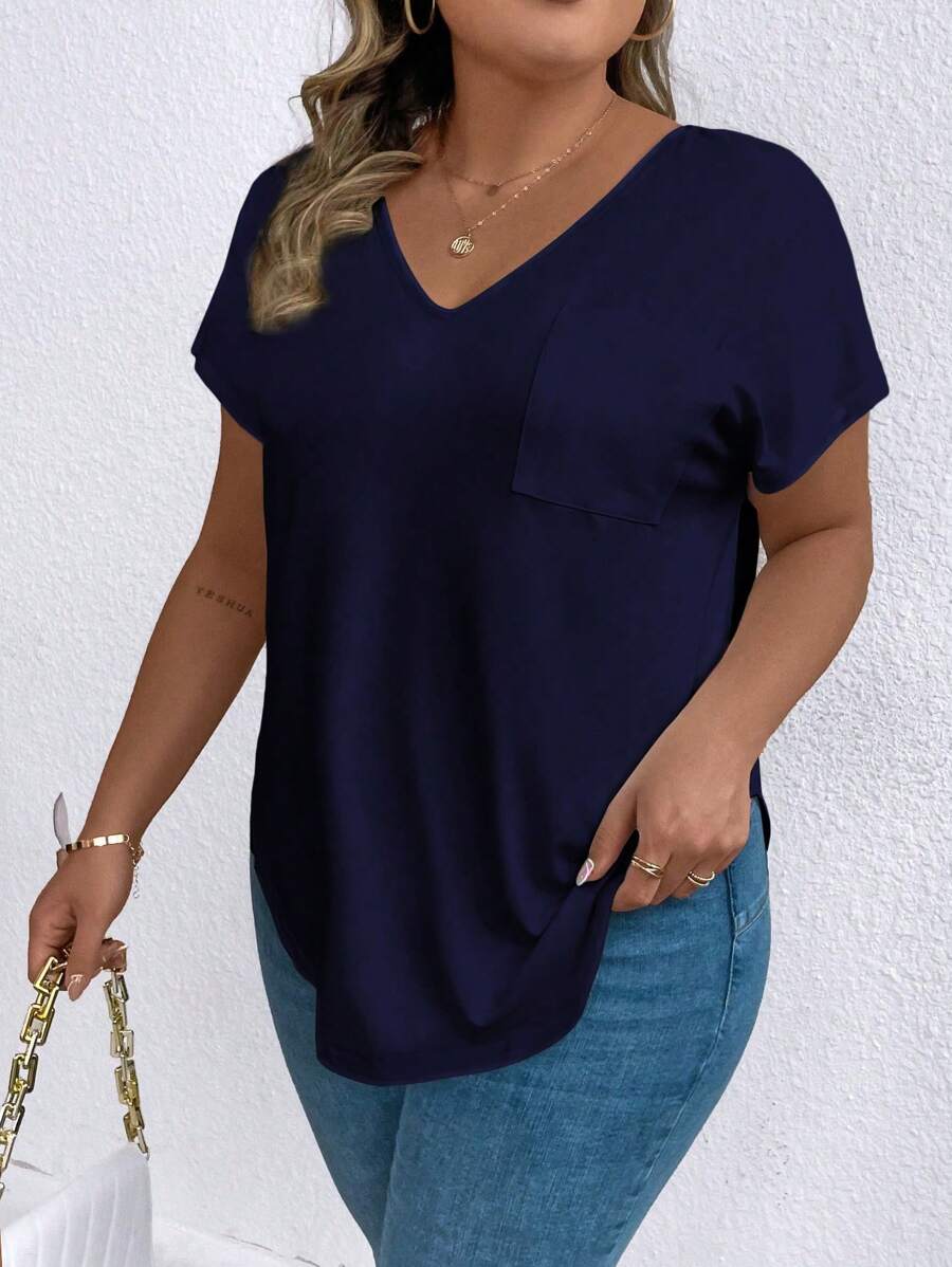 EMERY ROSE Plus Size Women's Batwing Sleeve Pocket T-Shirt - Navy Blue - View 1