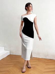 Modelyn Women's Color Block Asymmetrical Collar Slit Dress