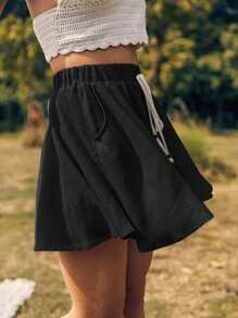 Breezaya Màu thuần Dây rút Xù Hoa Sen Quần short - màu đen - Xem 4