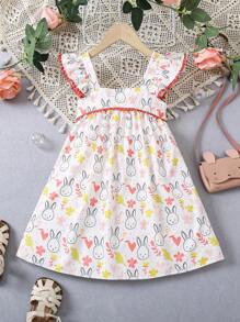 SHEIN Young Girl Casual Rabbit Pattern Printed Square Neck Flutter Sleeve Dress For Spring And Summer - White - View 3