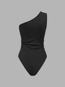 SHEIN Essnce Của phụ nữ Màu thuần Một bờ vai Không tay Áo liền quần chặt - màu đen - Xem 2