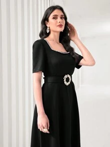 Modelyn Jewel Embellished Square Neck A-Line Dress - Black - View 5