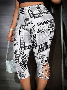 Calvaya Women's Plus Size Newspaper Print Hollow Out Sports & Casual Leggings - Black and White - View 3